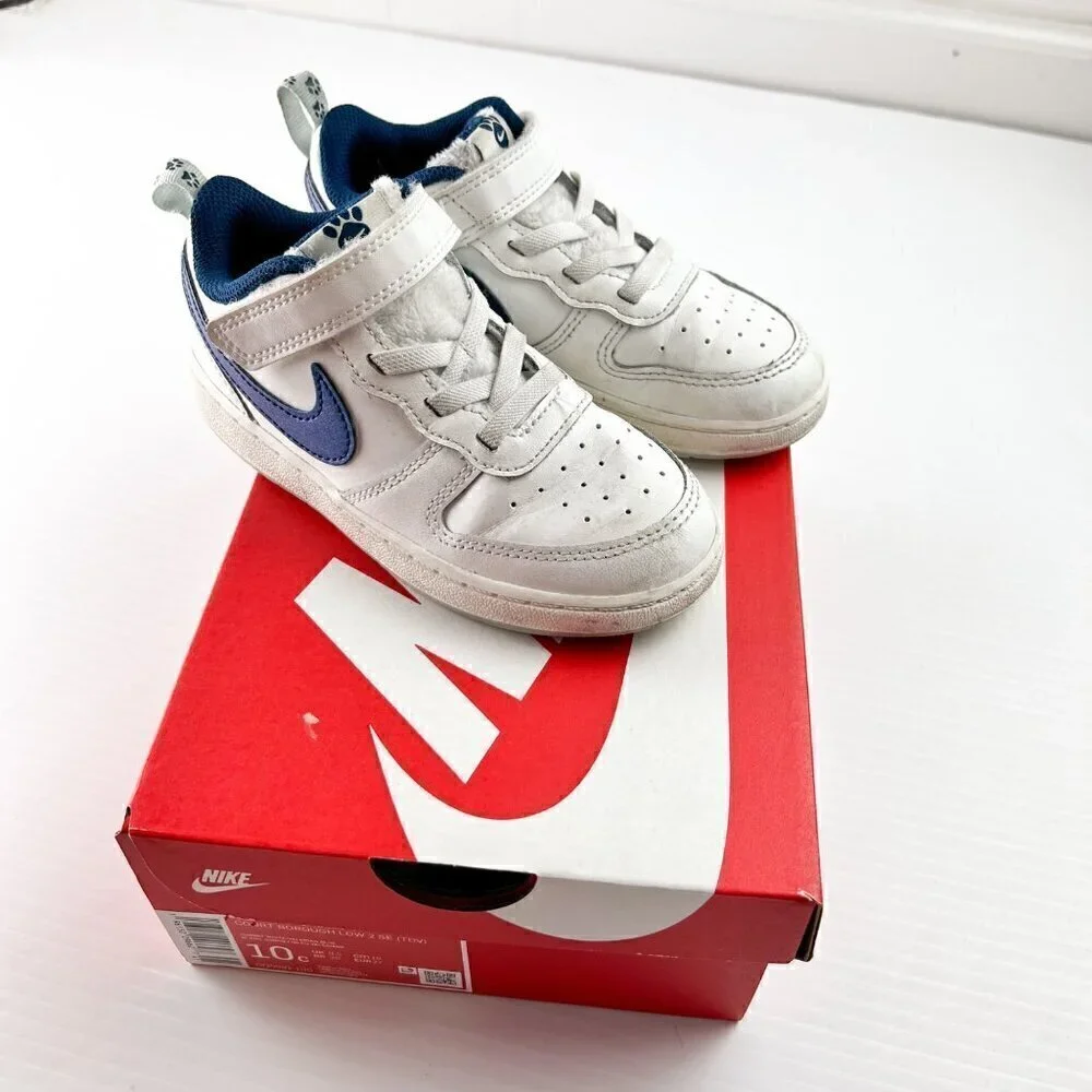 Nike Court Borough Low 2 Se Sneakers Boys Size 10 (Tdv) White Blue Dog Paw